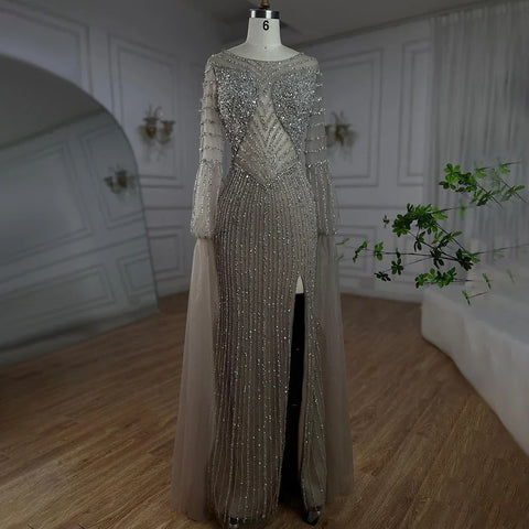 Robe de soirée élégante style sirène turquoise, perlée, manches cape, luxueuse, pour femme, tenue de mariage, 2025, LA72246 