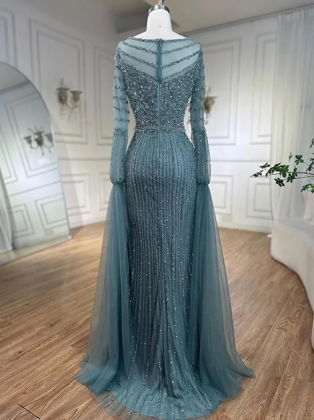 Vestido de noche elegante de lujo con mangas estilo capa y cuentas de sirena turquesa árabe para mujer, ideal para bodas 2025 LA72246 