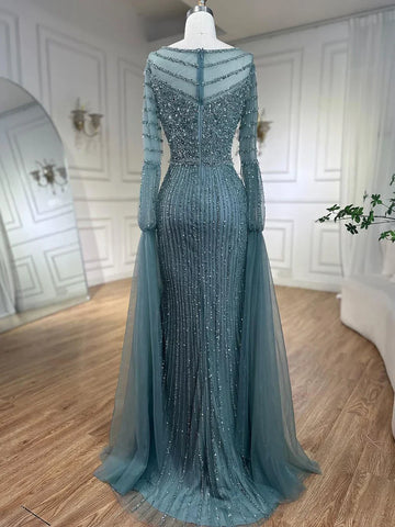 Robe de soirée élégante style sirène turquoise, perlée, manches cape, luxueuse, pour femme, tenue de mariage, 2025, LA72246 