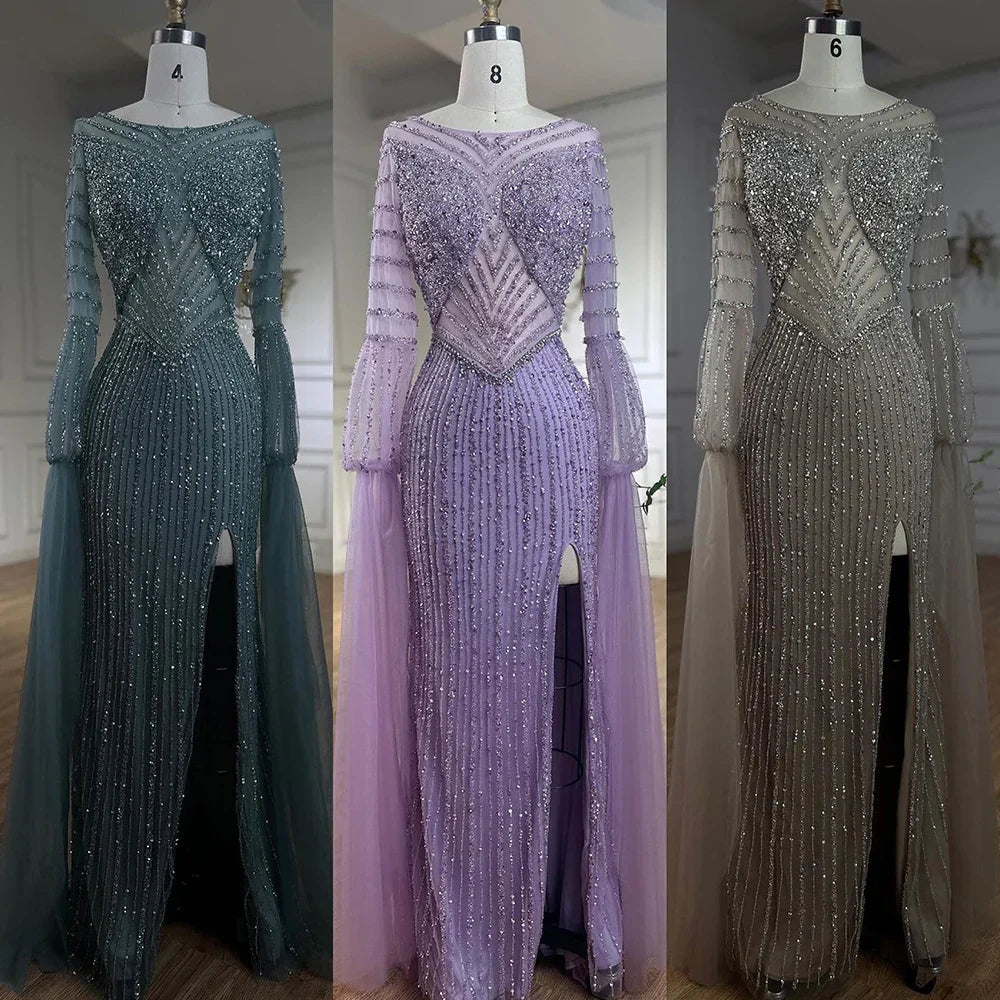 Vestido de noche elegante de lujo con mangas estilo capa y cuentas de sirena turquesa árabe para mujer, ideal para bodas 2025 LA72246 