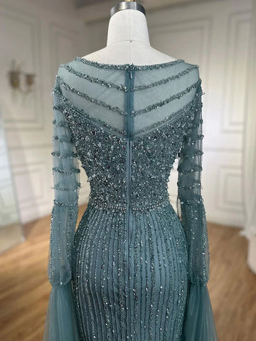 Robe de soirée élégante style sirène turquoise, perlée, manches cape, luxueuse, pour femme, tenue de mariage, 2025, LA72246 