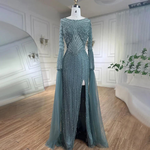 Robe de soirée élégante style sirène turquoise, perlée, manches cape, luxueuse, pour femme, tenue de mariage, 2025, LA72246 