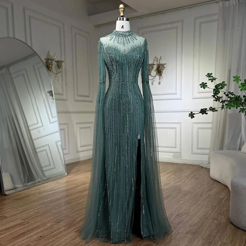 Robe de soirée sirène turquoise à manches cape et perles fendues pour femme, tenue de mariage, 2025, LA72381 