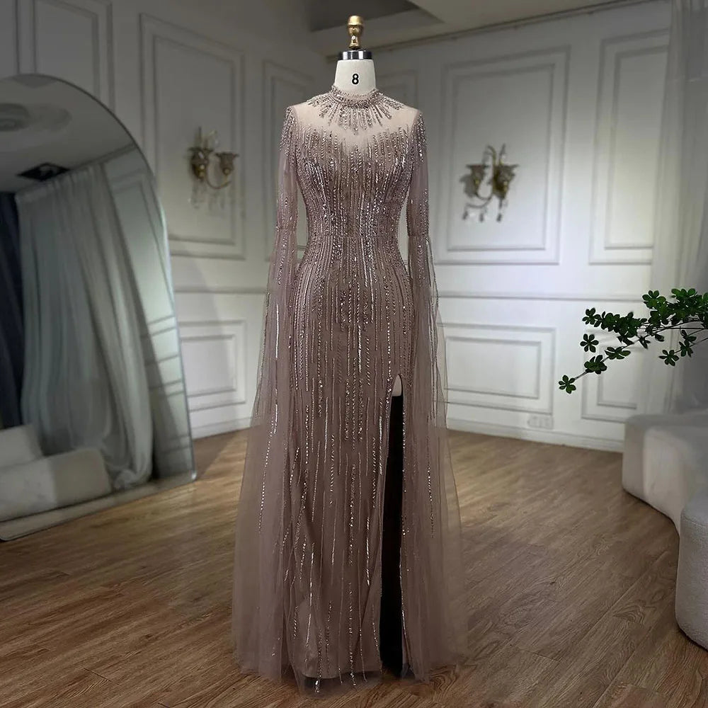 Robe de soirée sirène turquoise à manches cape et perles fendues pour femme, tenue de mariage, 2025, LA72381 