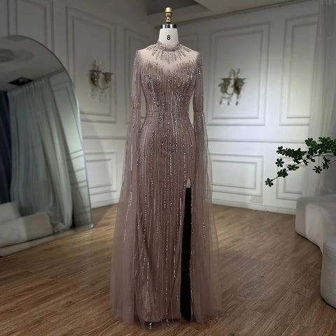 Robe de soirée sirène turquoise à manches cape et perles fendues pour femme, tenue de mariage, 2025, LA72381 