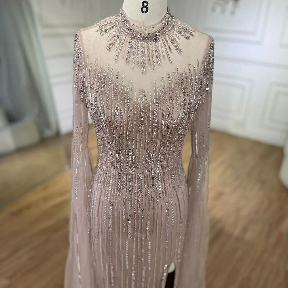 Robe de soirée sirène turquoise à manches cape et perles fendues pour femme, tenue de mariage, 2025, LA72381 