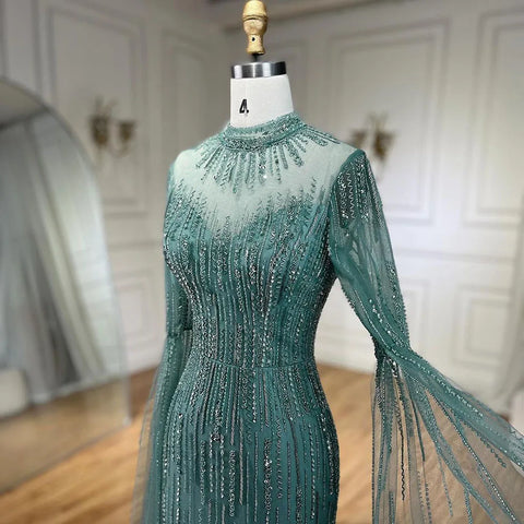 Robe de soirée sirène turquoise à manches cape et perles fendues pour femme, tenue de mariage, 2025, LA72381 