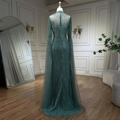 Robe de soirée sirène turquoise à manches cape et perles fendues pour femme, tenue de mariage, 2025, LA72381 