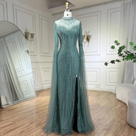 Robe de soirée sirène turquoise à manches cape et perles fendues pour femme, tenue de mariage, 2025, LA72381 