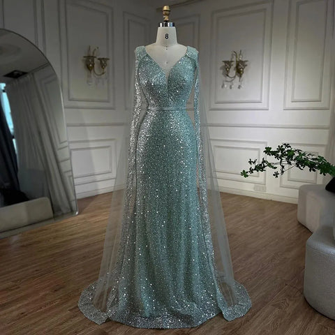 Robe de soirée sirène turquoise arabe Dubaï avec manches cape perlées élégantes et luxueuses pour soirée femme 2025 LA72574 