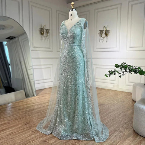 Robe de soirée sirène turquoise arabe Dubaï avec manches cape perlées élégantes et luxueuses pour soirée femme 2025 LA72574 