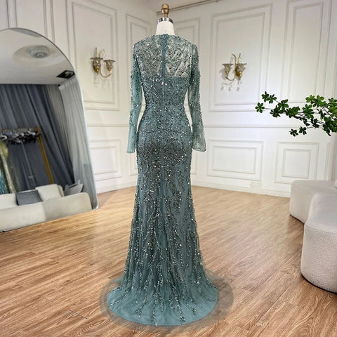 Luxury Dubai Turquoise Mermaid Evening Dress with Tulle LA72601