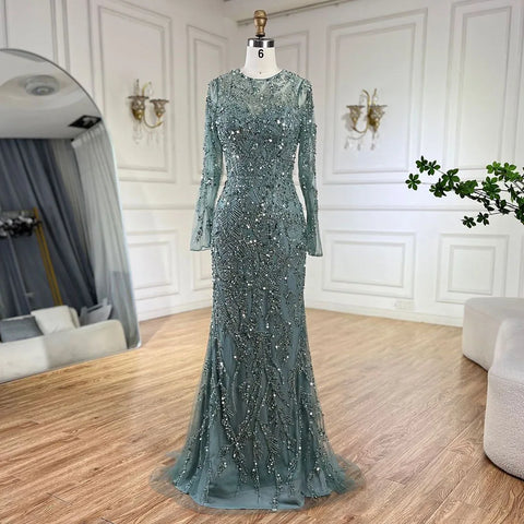 Luxury Dubai Turquoise Mermaid Evening Dress with Tulle LA72601