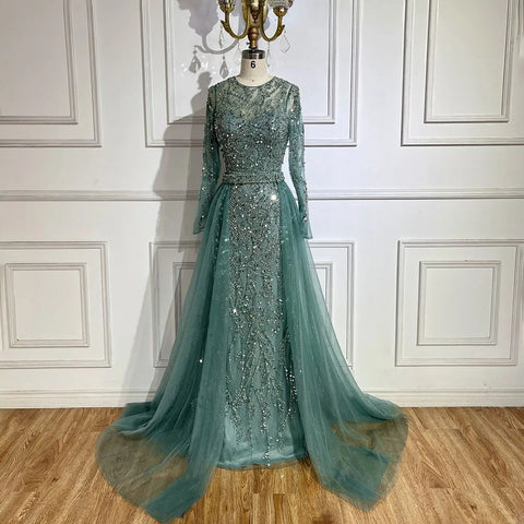 Luxury Dubai Turquoise Mermaid Evening Dress with Tulle LA72601