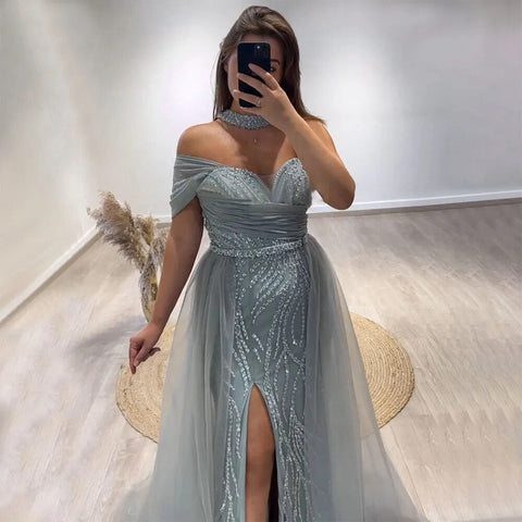 Robe de soirée sirène sexy à une épaule et perles, style arabe turquoise, fendue sur le côté, pour femme, LA72203, 2025 