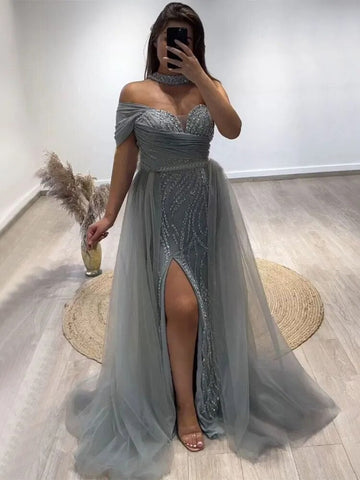 Robe de soirée sirène sexy à une épaule et perles, style arabe turquoise, fendue sur le côté, pour femme, LA72203, 2025 