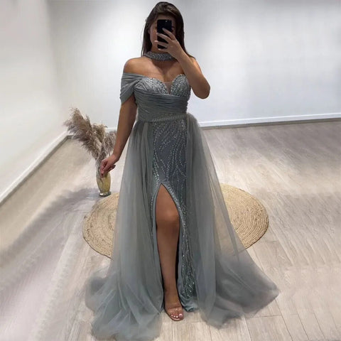 Robe de soirée sirène sexy à une épaule et perles, style arabe turquoise, fendue sur le côté, pour femme, LA72203, 2025 