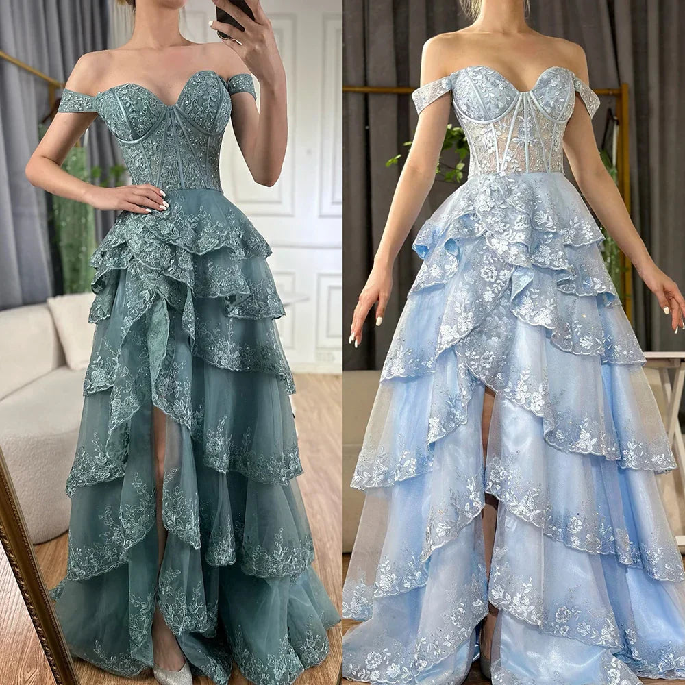 Vestido de noche árabe turquesa con tirantes, falda escalonada con cuentas y abertura frontal para ocasiones formales 2025 LA72593A 