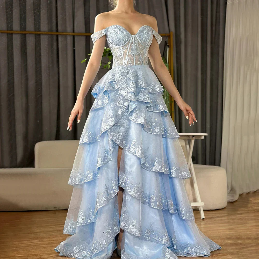 Vestido de noche árabe turquesa con tirantes, falda escalonada con cuentas y abertura frontal para ocasiones formales 2025 LA72593A 