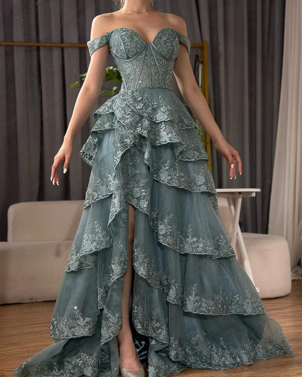 Arabic Turquoise Shoulder Strap Tiered Beaded Evening Gown with Front Split for Formal Occasion 2025 LA72593A