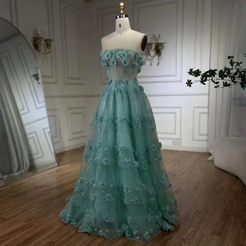 Robe de soirée longue style arabe turquoise, sans bretelles, élégante, coupe trapèze, pour femme, tenue de mariage, 2025, LA72445 