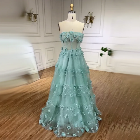 Robe de soirée longue style arabe turquoise, sans bretelles, élégante, coupe trapèze, pour femme, tenue de mariage, 2025, LA72445 