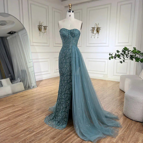 Robe de soirée de luxe style sirène, bustier, fendue, turquoise, style arabe, avec perles, pour femme, mariage, 2025, LA72610 