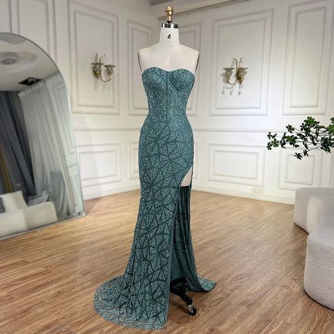 Robe de soirée de luxe style sirène, bustier, fendue, turquoise, style arabe, avec perles, pour femme, mariage, 2025, LA72610 