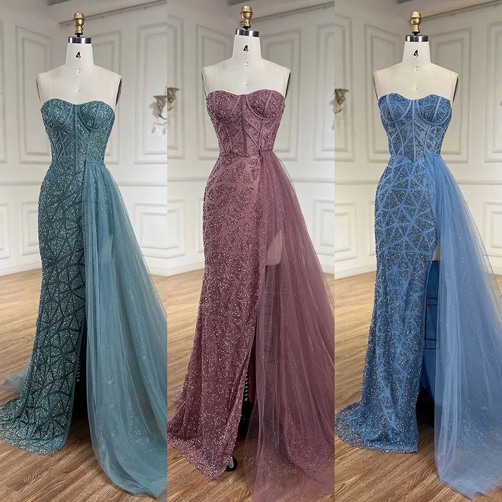 Robe de soirée de luxe style sirène, bustier, fendue, turquoise, style arabe, avec perles, pour femme, mariage, 2025, LA72610 