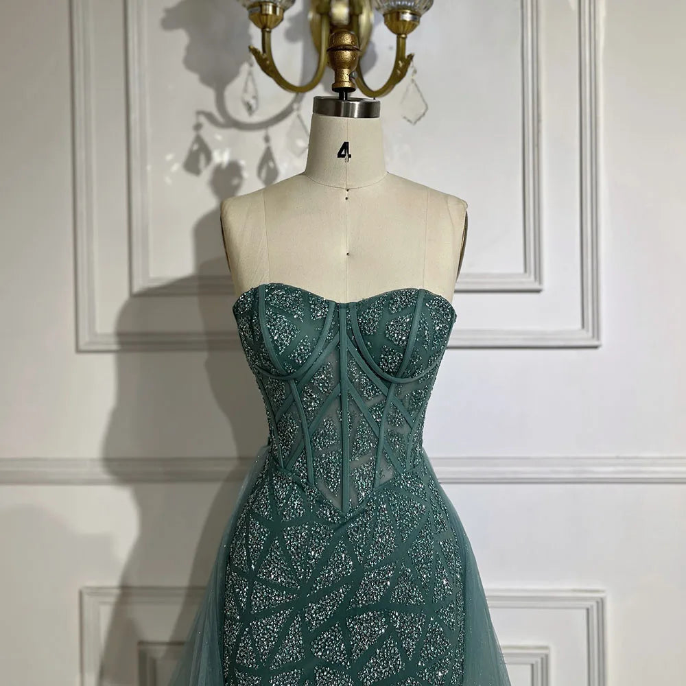 Arabic Turquoise Strapless High-Split Mermaid Beaded Luxury Evening Gown for Women Wedding Party 2025 LA72610