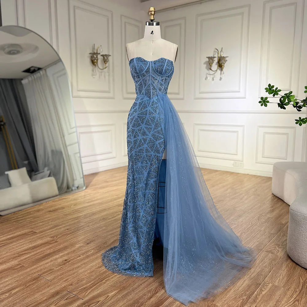 Robe de soirée de luxe style sirène, bustier, fendue, turquoise, style arabe, avec perles, pour femme, mariage, 2025, LA72610 