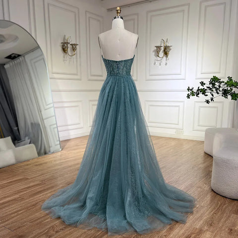 Robe de soirée de luxe style sirène, bustier, fendue, turquoise, style arabe, avec perles, pour femme, mariage, 2025, LA72610 