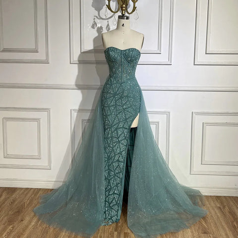 Robe de soirée de luxe style sirène, bustier, fendue, turquoise, style arabe, avec perles, pour femme, mariage, 2025, LA72610 