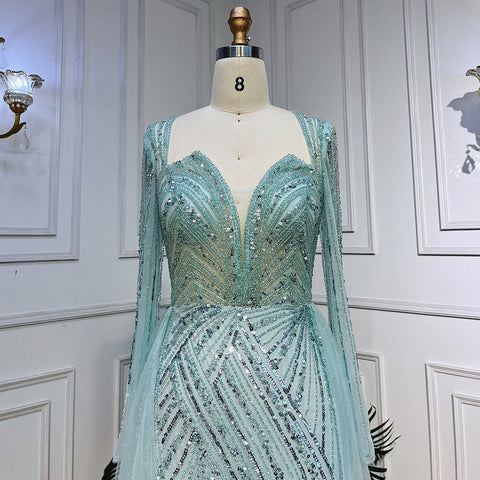 Robe de soirée sirène à col en V et perles, style arabe turquoise, sexy, fendue, pour femme, tenue de mariage, LA72006, 2025 