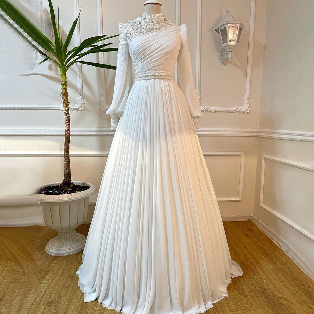 Arabic White 3D Flowers Muslim Evening Dresses Gowns 2025 Beaded A-Line For Women Party LA71515