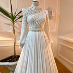 Vestidos de noche musulmanes con flores blancas árabes en 3D, corte en A con cuentas, para mujer, estilo fiesta, LA71515 