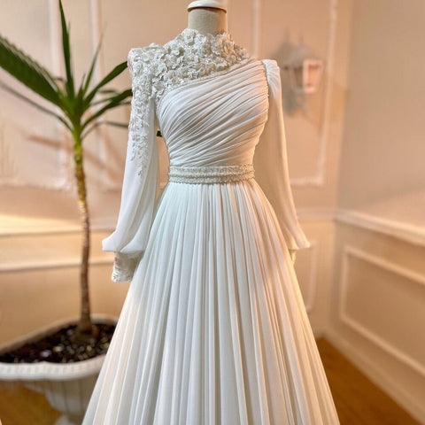 Robe de soirée musulmane blanche à fleurs 3D, style arabe, coupe trapèze, perles, pour femmes, LA71515, 2025 