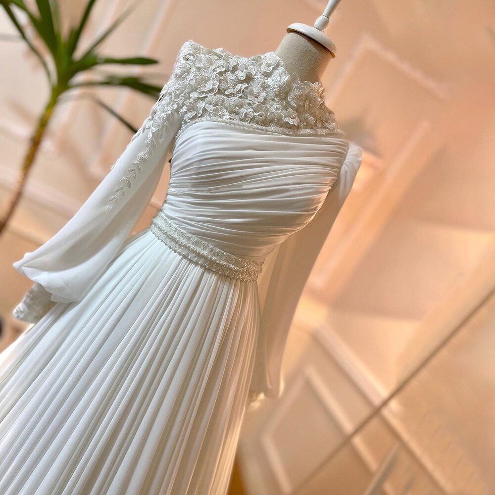 Vestidos de noche musulmanes con flores blancas árabes en 3D, corte en A con cuentas, para mujer, estilo fiesta, LA71515 