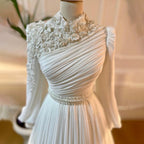 Vestidos de noche musulmanes con flores blancas árabes en 3D, corte en A con cuentas, para mujer, estilo fiesta, LA71515 