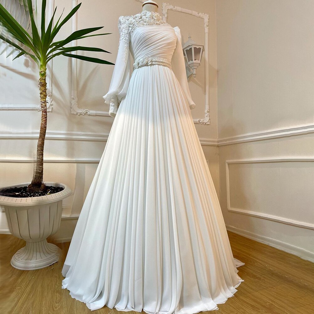 Vestidos de noche musulmanes con flores blancas árabes en 3D, corte en A con cuentas, para mujer, estilo fiesta, LA71515 