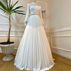 Vestidos de noche musulmanes con flores blancas árabes en 3D, corte en A con cuentas, para mujer, estilo fiesta, LA71515 