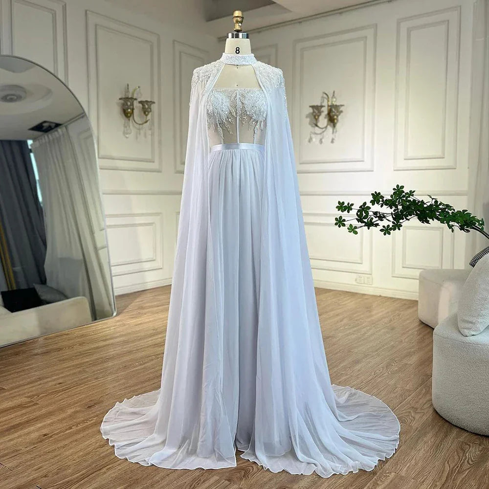 Vestido de sirena árabe blanco de encaje con cuentas y capa larga desmontable | Vestido de noche para mujer, ideal para bodas y fiestas 2025 LA72415 