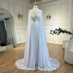 Vestido de sirena árabe blanco de encaje con cuentas y capa larga desmontable | Vestido de noche para mujer, ideal para bodas y fiestas 2025 LA72415 