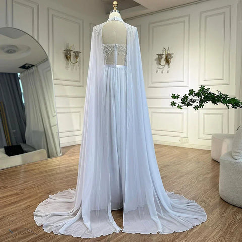 Arabic White Beaded Lace Mermaid Gown with Detachable Long Cape | Evening Dress for Women Wedding Party 2025 LA72415