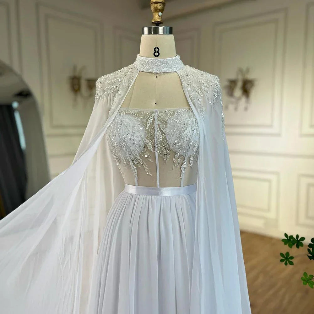 Vestido de sirena árabe blanco de encaje con cuentas y capa larga desmontable | Vestido de noche para mujer, ideal para bodas y fiestas 2025 LA72415 