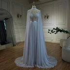 Vestido de sirena árabe blanco de encaje con cuentas y capa larga desmontable | Vestido de noche para mujer, ideal para bodas y fiestas 2025 LA72415 