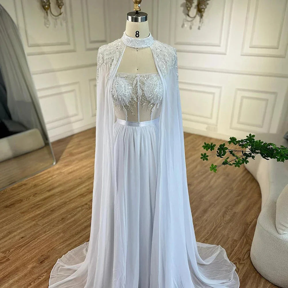 Vestido de sirena árabe blanco de encaje con cuentas y capa larga desmontable | Vestido de noche para mujer, ideal para bodas y fiestas 2025 LA72415 