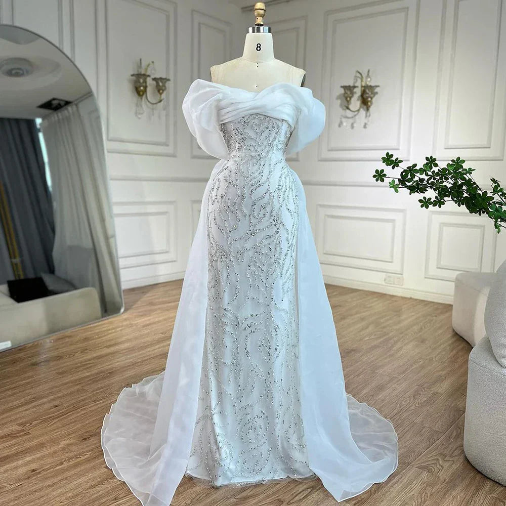 Arabic White Beaded Mermaid Elegant With Overskirt Luxury Dubai Evening Dresses Gowns for Women's Party 2025 LA72398