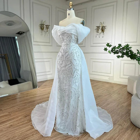 Arabic White Beaded Mermaid Elegant With Overskirt Luxury Dubai Evening Dresses Gowns for Women's Party 2025 LA72398