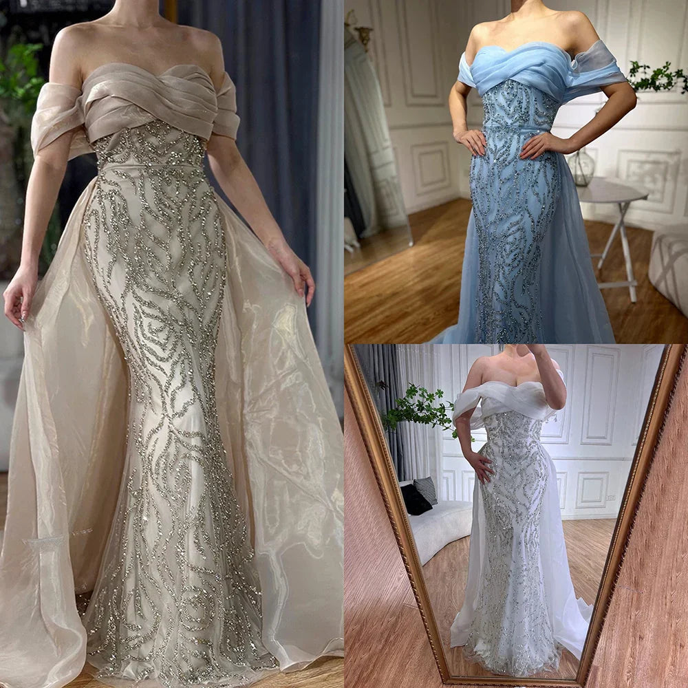 Robe de soirée sirène élégante à perles blanches, style arabe, avec jupe, luxueuse robe de soirée de Dubaï, pour femmes, 2025 LA72398 